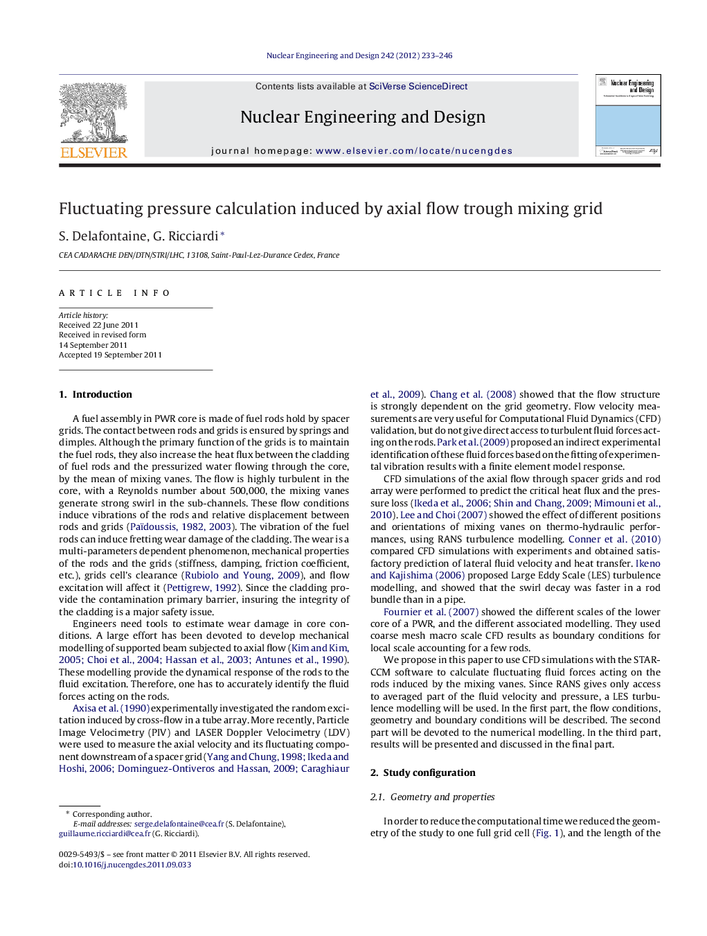 Fluctuating pressure calculation induced by axial flow trough mixing grid