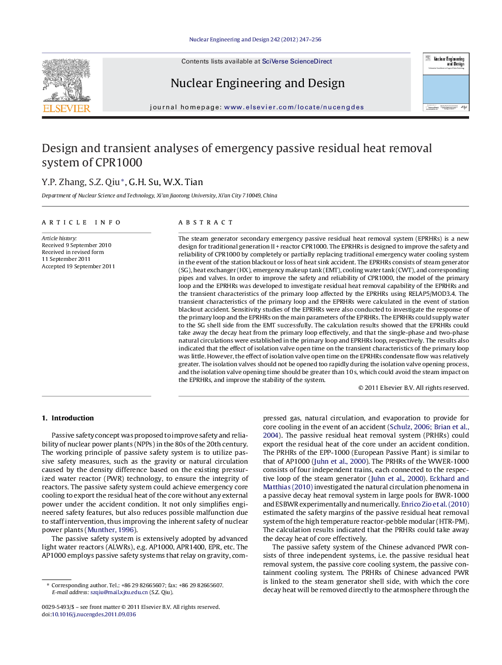 Design and transient analyses of emergency passive residual heat removal system of CPR1000