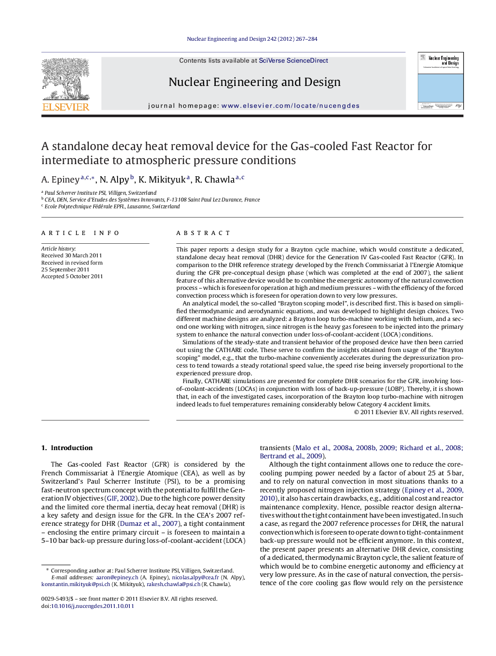 A standalone decay heat removal device for the Gas-cooled Fast Reactor for intermediate to atmospheric pressure conditions