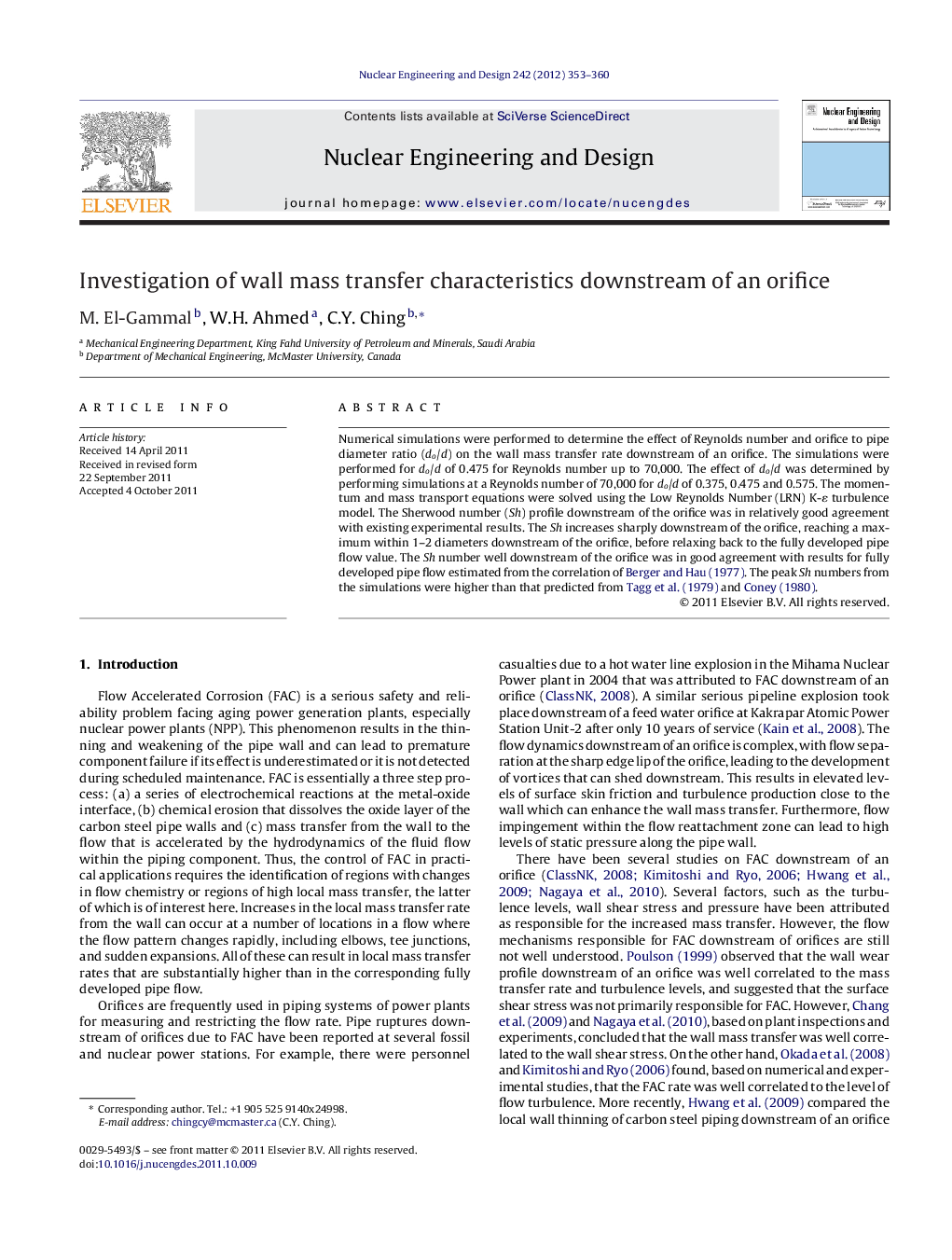 Investigation of wall mass transfer characteristics downstream of an orifice