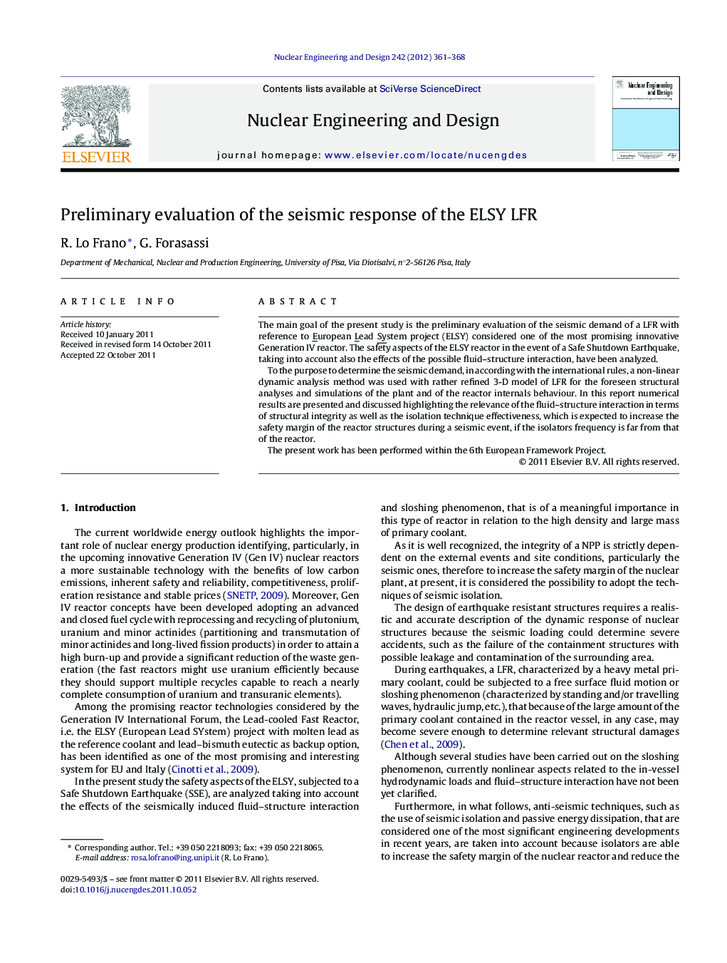 Preliminary evaluation of the seismic response of the ELSY LFR