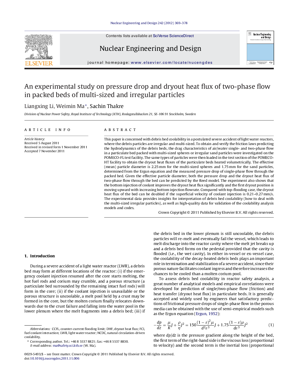عکس صفحه اول مقاله: An experimental study on pressure drop and dryout heat flux of two-phase flow in packed beds of multi-sized and irregular particles An experimental study on pressure drop and dryout heat flux of two-phase flow in packed beds of multi-sized and irregular particles