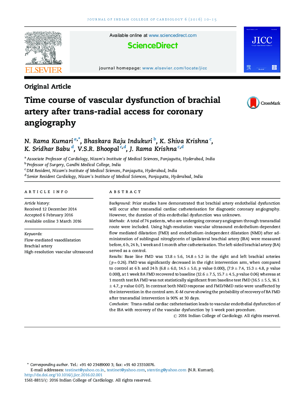 Time course of vascular dysfunction of brachial artery after trans-radial access for coronary angiography