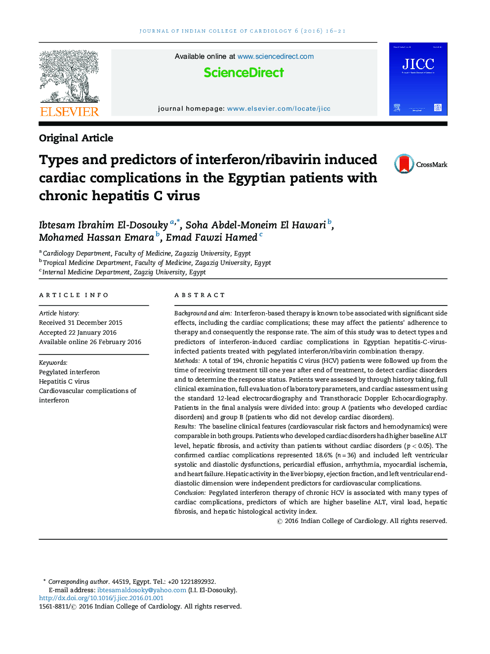 Types and predictors of interferon/ribavirin induced cardiac complications in the Egyptian patients with chronic hepatitis C virus