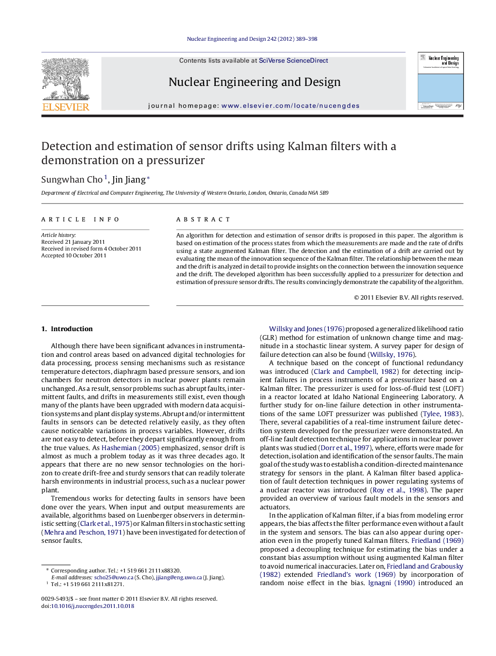 Detection and estimation of sensor drifts using Kalman filters with a demonstration on a pressurizer