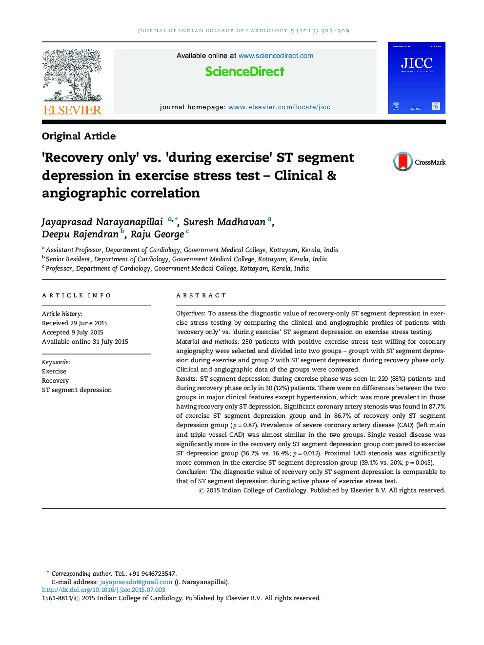 ‘Recovery only’ vs. ‘during exercise’ ST segment depression in exercise stress test – Clinical & angiographic correlation