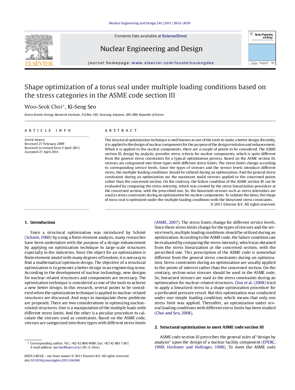 Shape optimization of a torus seal under multiple loading conditions based on the stress categories in the ASME code section III