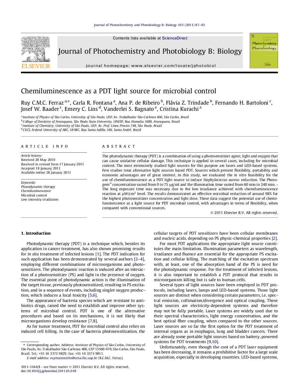 Chemiluminescence as a PDT light source for microbial control