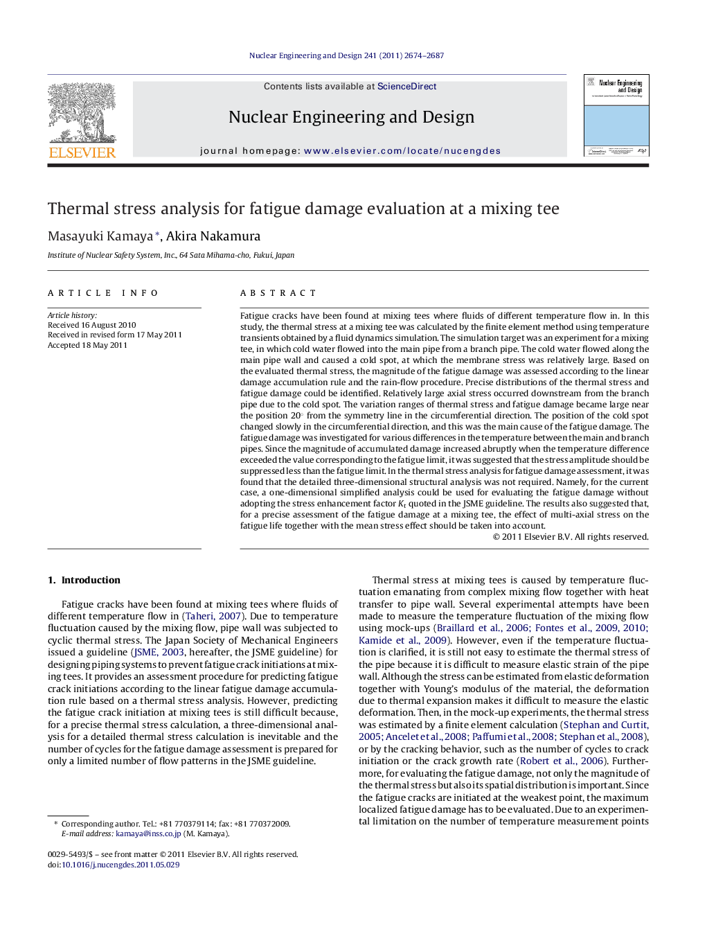 Thermal stress analysis for fatigue damage evaluation at a mixing tee
