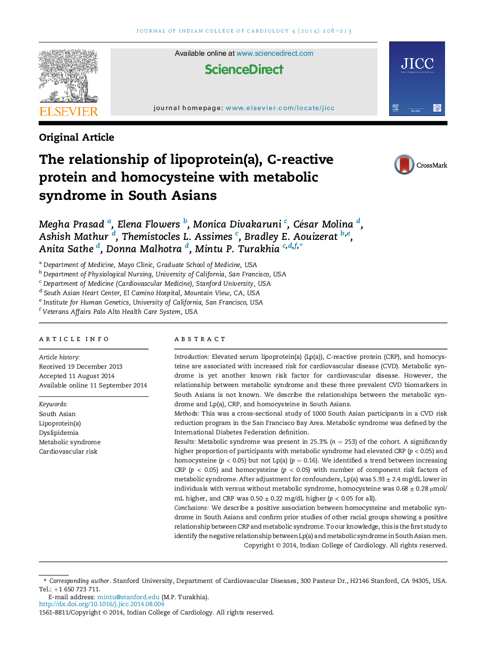 The relationship of lipoprotein(a), C-reactive protein and homocysteine with metabolic syndrome in South Asians