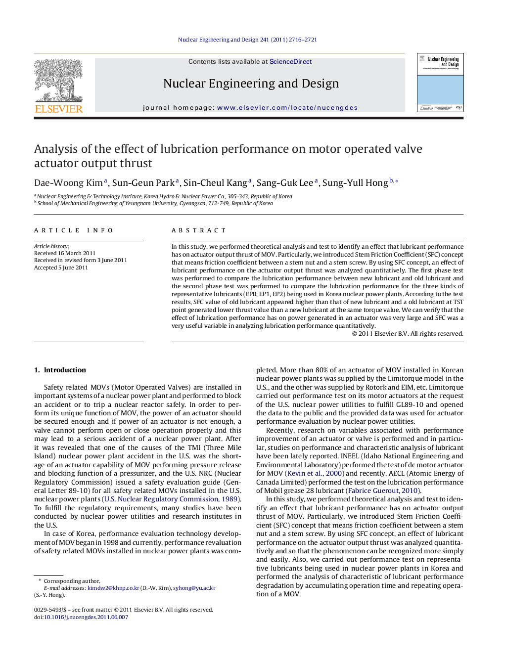 Analysis of the effect of lubrication performance on motor operated valve actuator output thrust