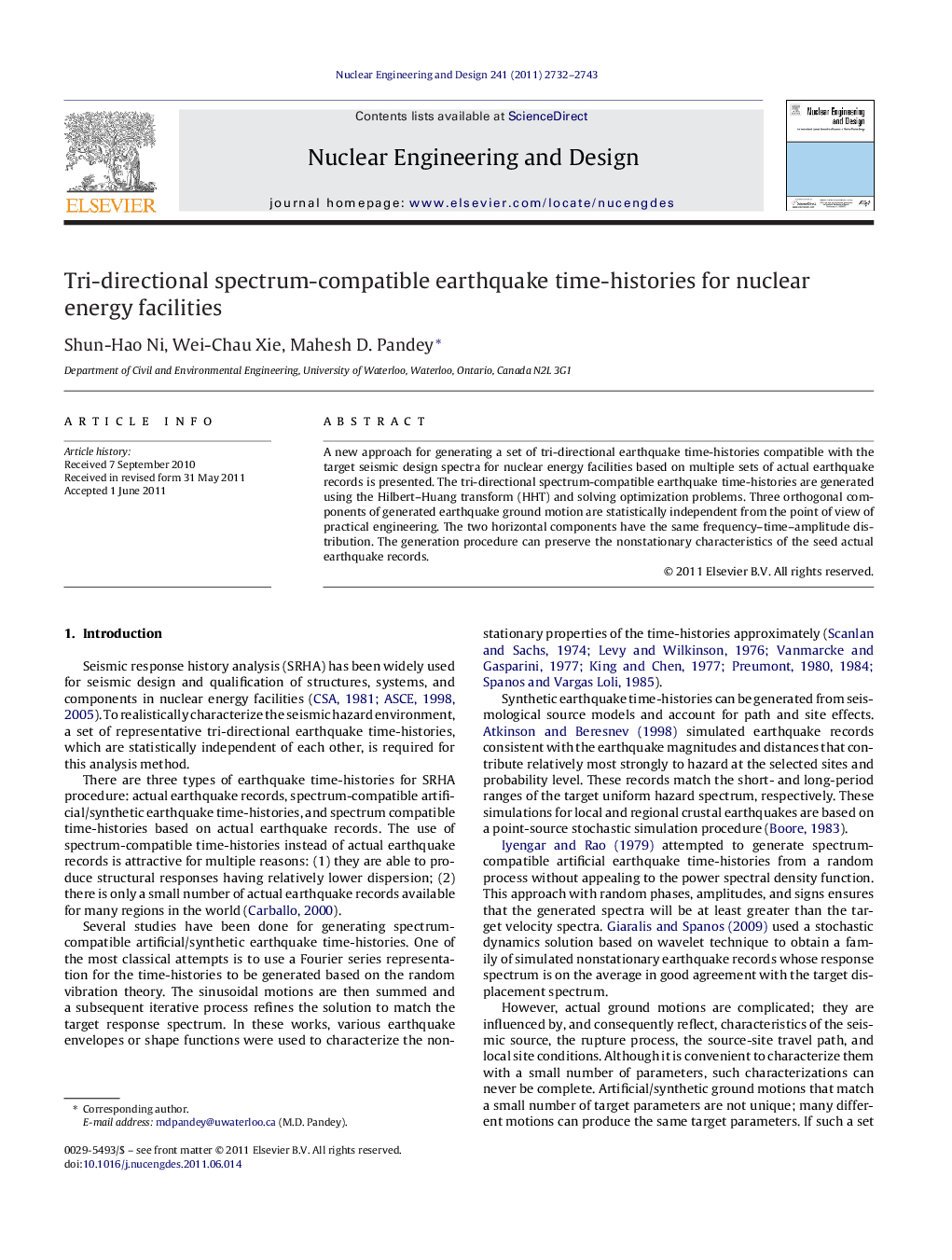 Tri-directional spectrum-compatible earthquake time-histories for nuclear energy facilities