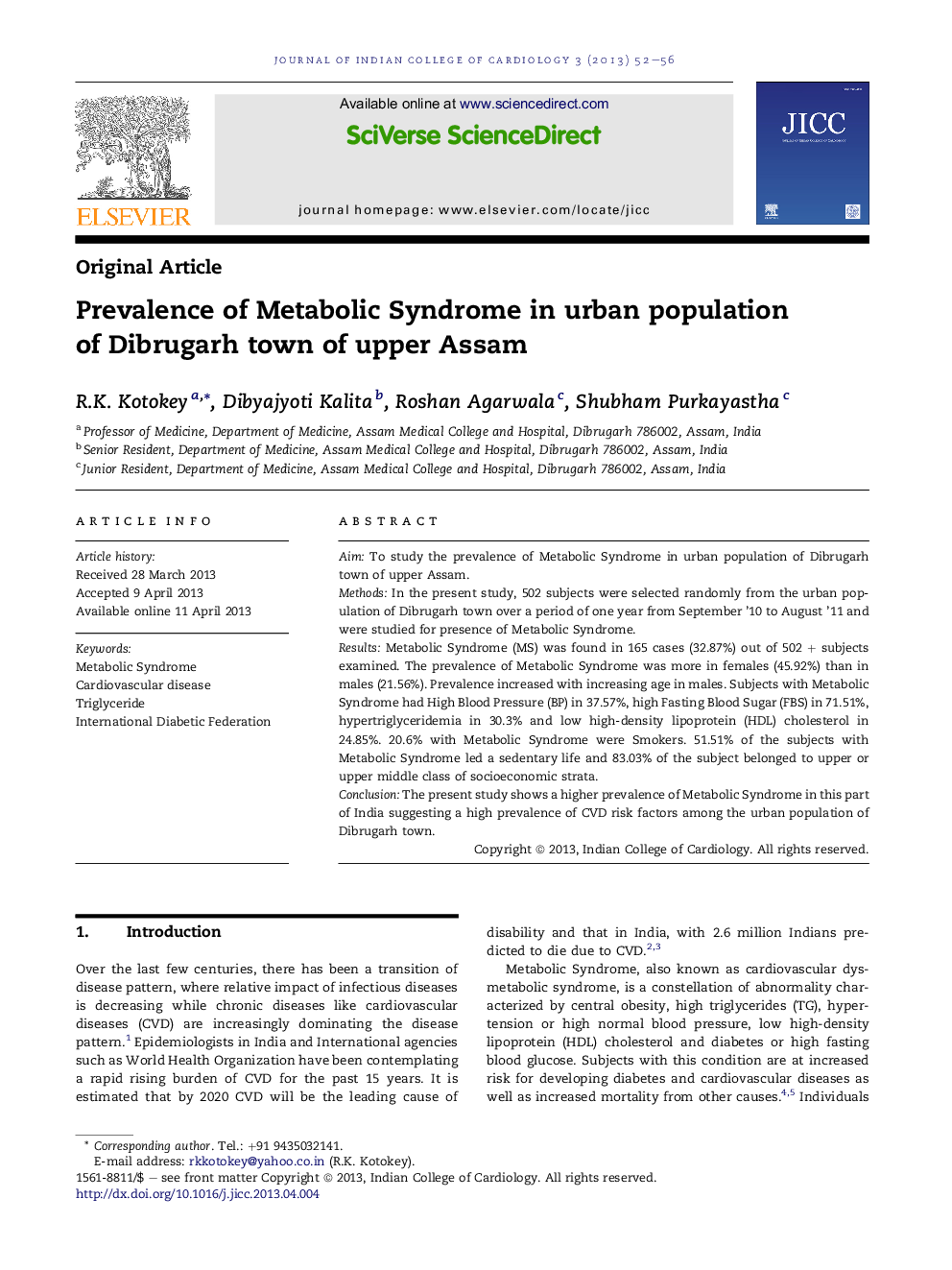 Prevalence of Metabolic Syndrome in urban population of Dibrugarh town of upper Assam