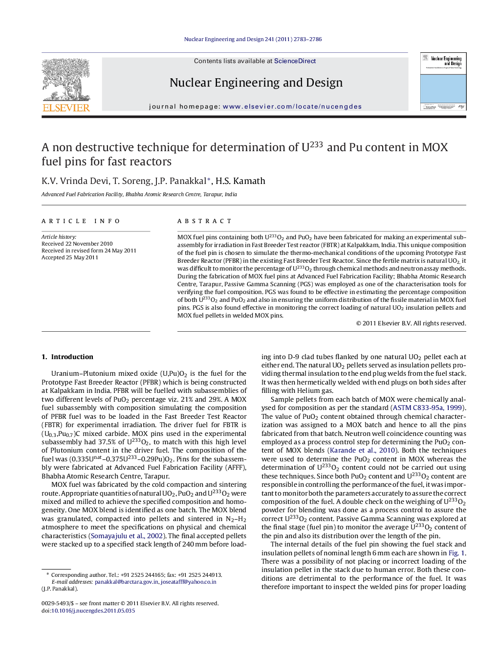 A non destructive technique for determination of U233 and Pu content in MOX fuel pins for fast reactors