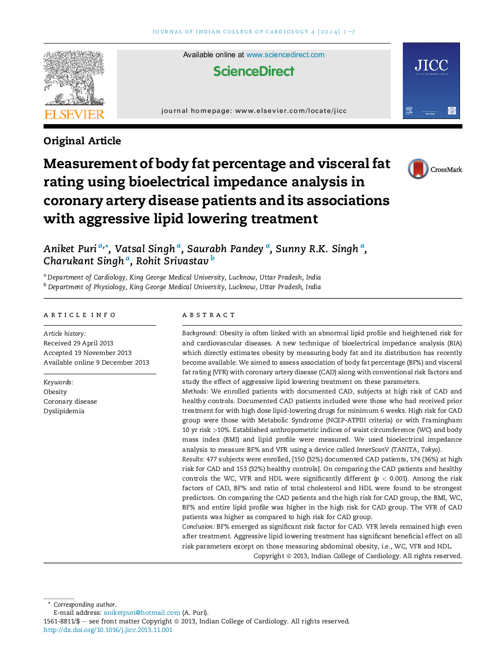 Measurement of body fat percentage and visceral fat rating using bioelectrical impedance analysis in coronary artery disease patients and its associations with aggressive lipid lowering treatment