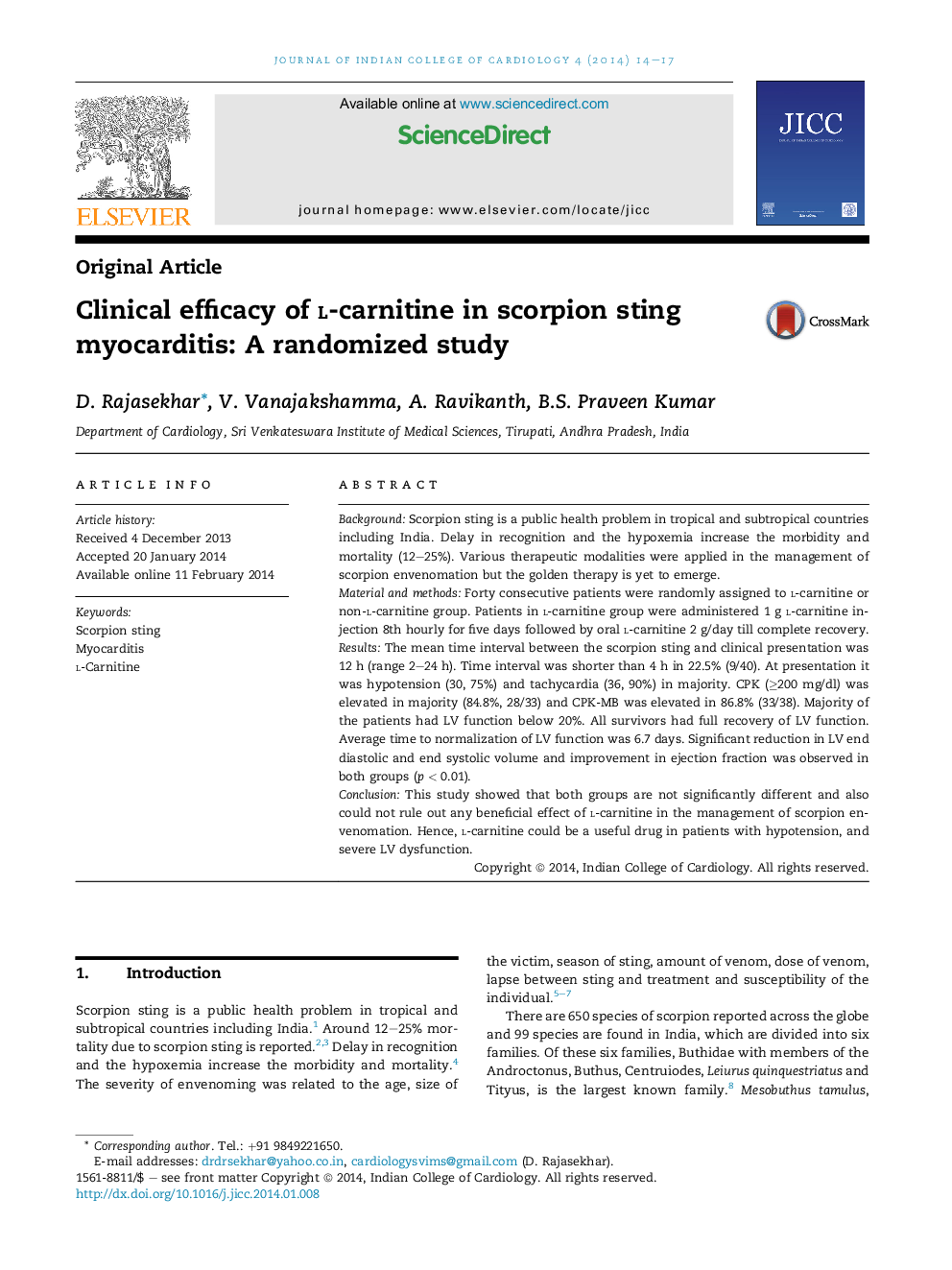 Clinical efficacy of l-carnitine in scorpion sting myocarditis: A randomized study