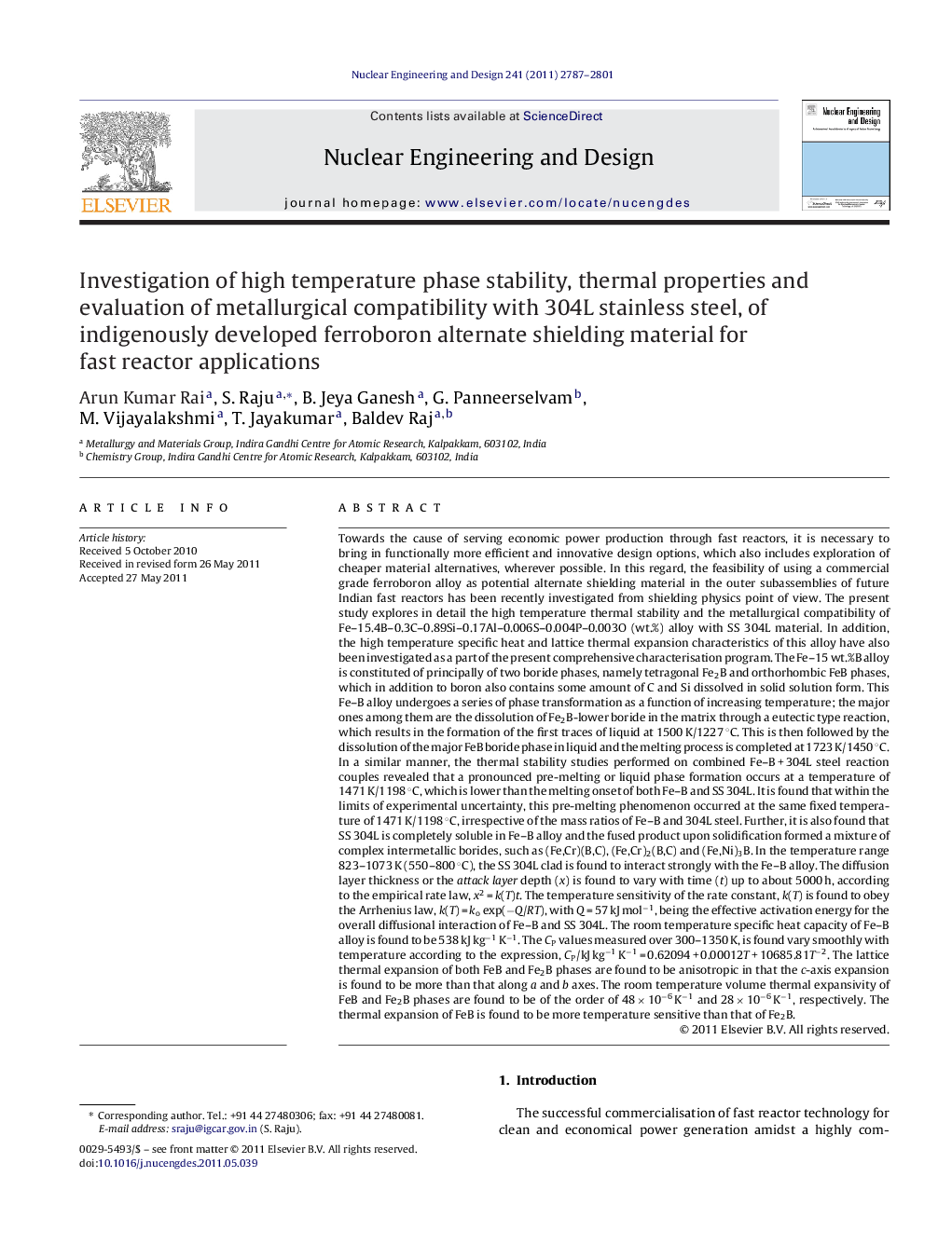 Investigation of high temperature phase stability, thermal properties and evaluation of metallurgical compatibility with 304L stainless steel, of indigenously developed ferroboron alternate shielding material for fast reactor applications