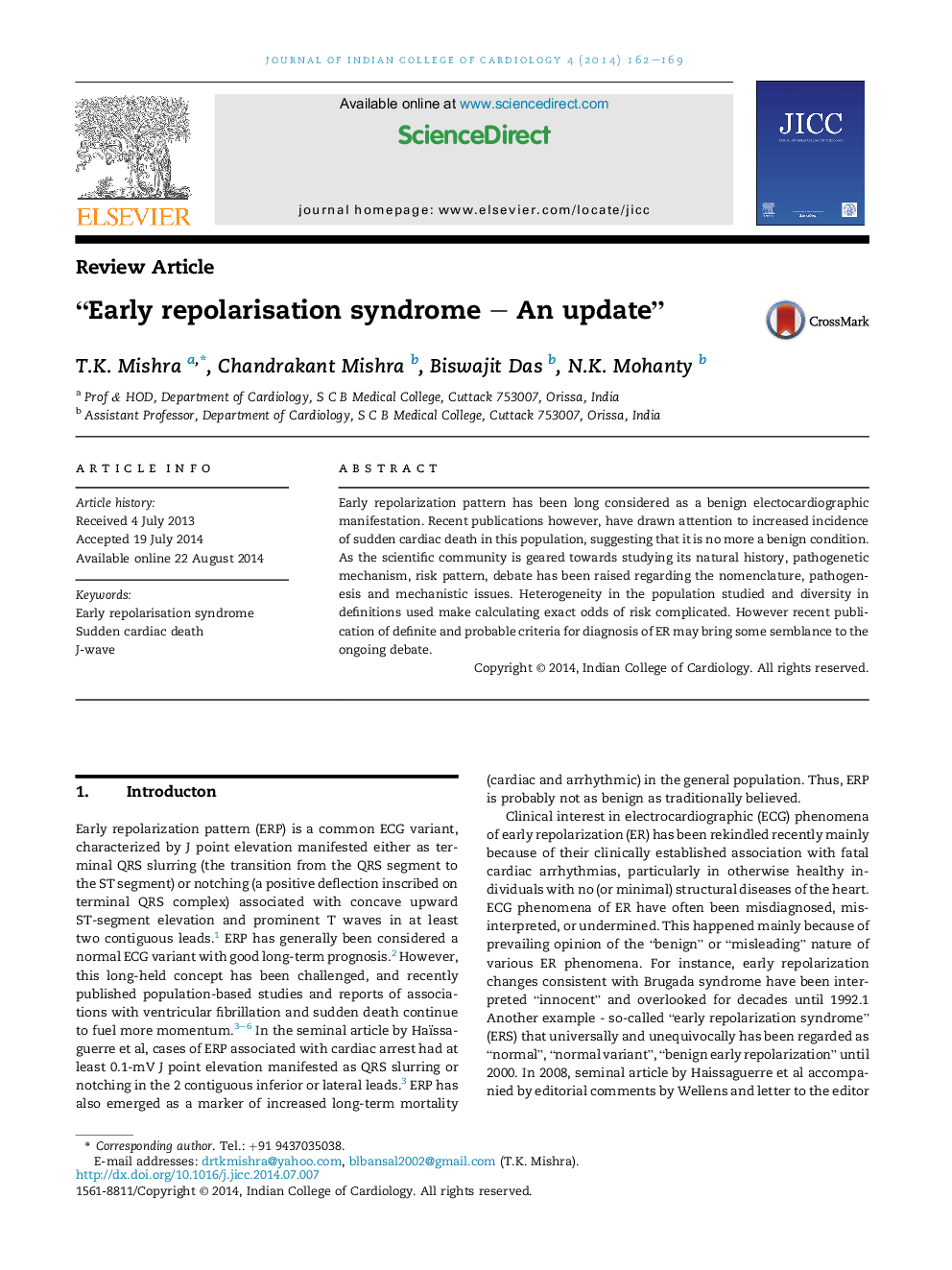 “Early repolarisation syndrome - An update”