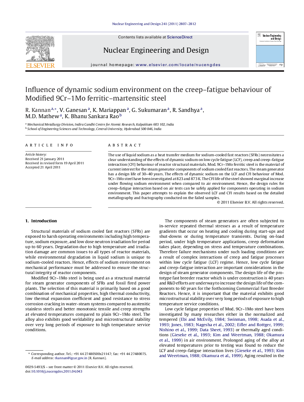 Influence of dynamic sodium environment on the creep–fatigue behaviour of Modified 9Cr–1Mo ferritic–martensitic steel