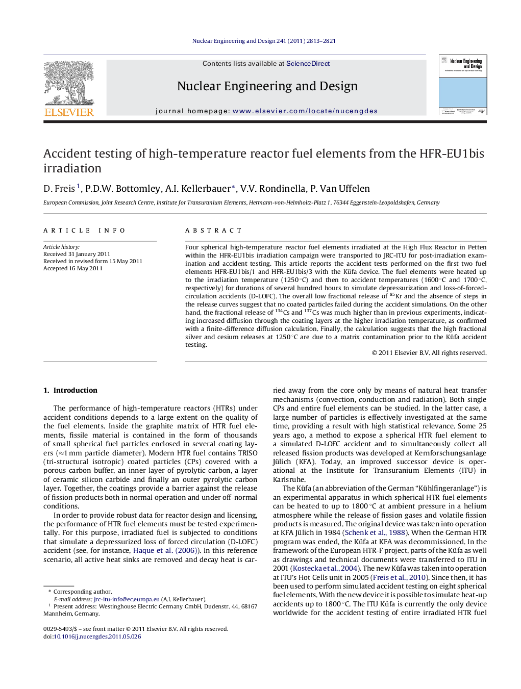 Accident testing of high-temperature reactor fuel elements from the HFR-EU1bis irradiation
