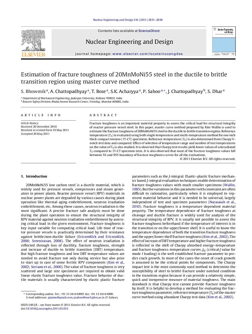 Estimation of fracture toughness of 20MnMoNi55 steel in the ductile to brittle transition region using master curve method