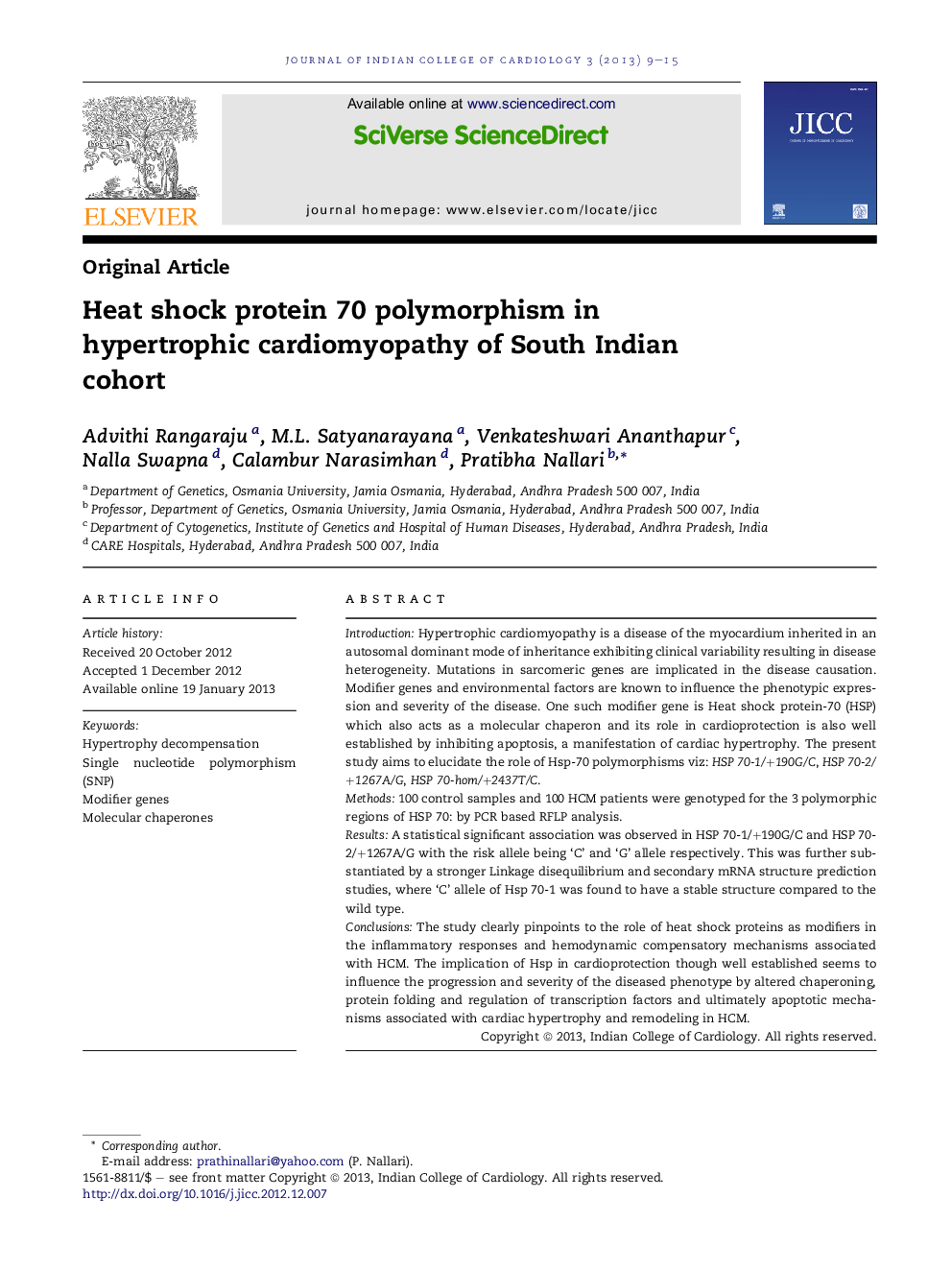 Heat shock protein 70 polymorphism in hypertrophic cardiomyopathy of South Indian cohort