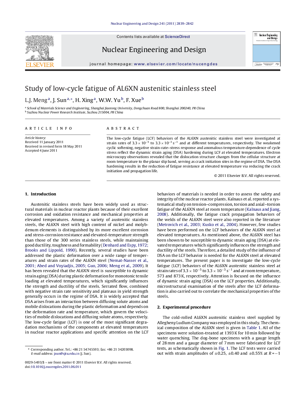 Study of low-cycle fatigue of AL6XN austenitic stainless steel