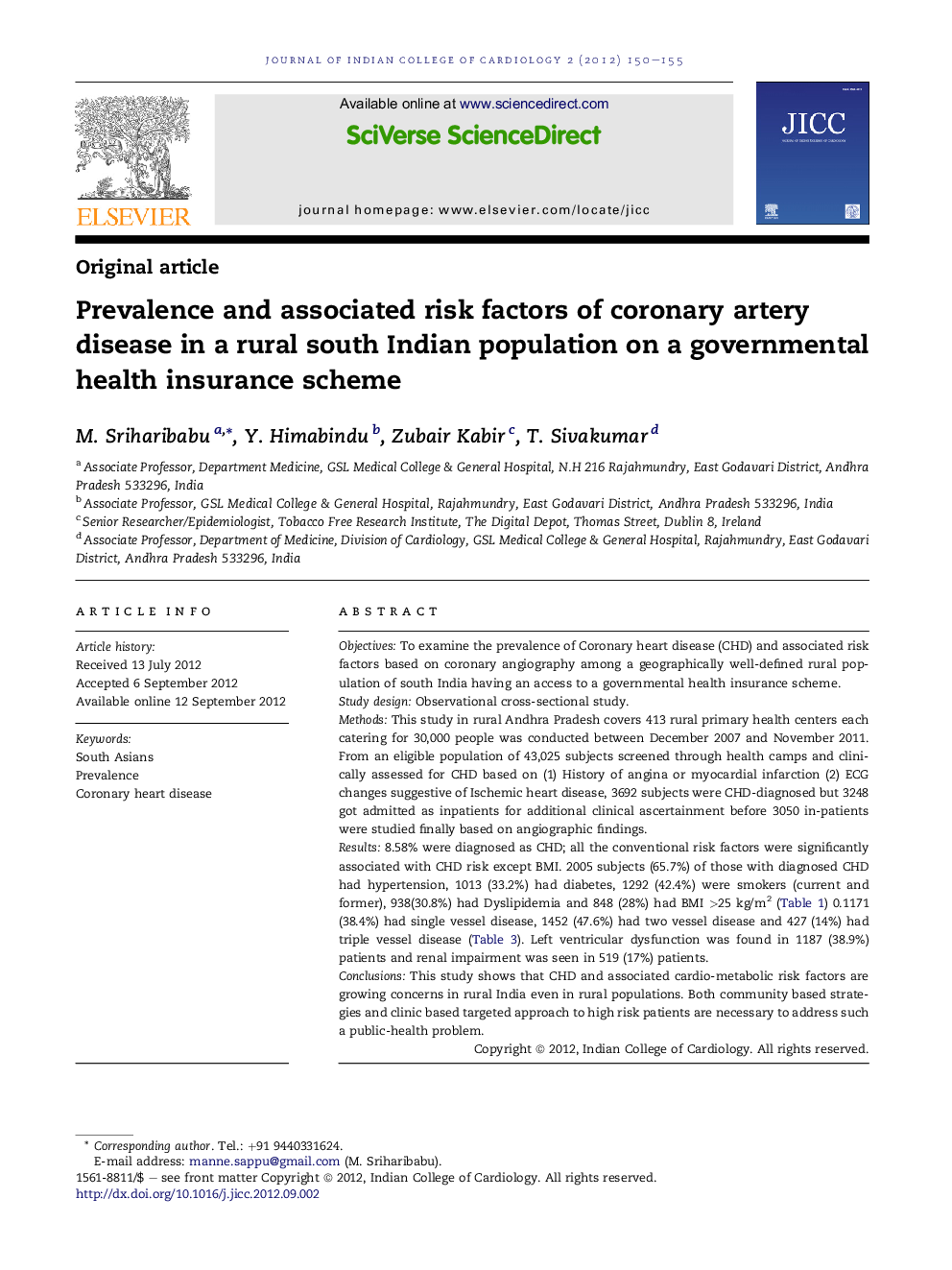 Prevalence and associated risk factors of coronary artery disease in a rural south Indian population on a governmental health insurance scheme