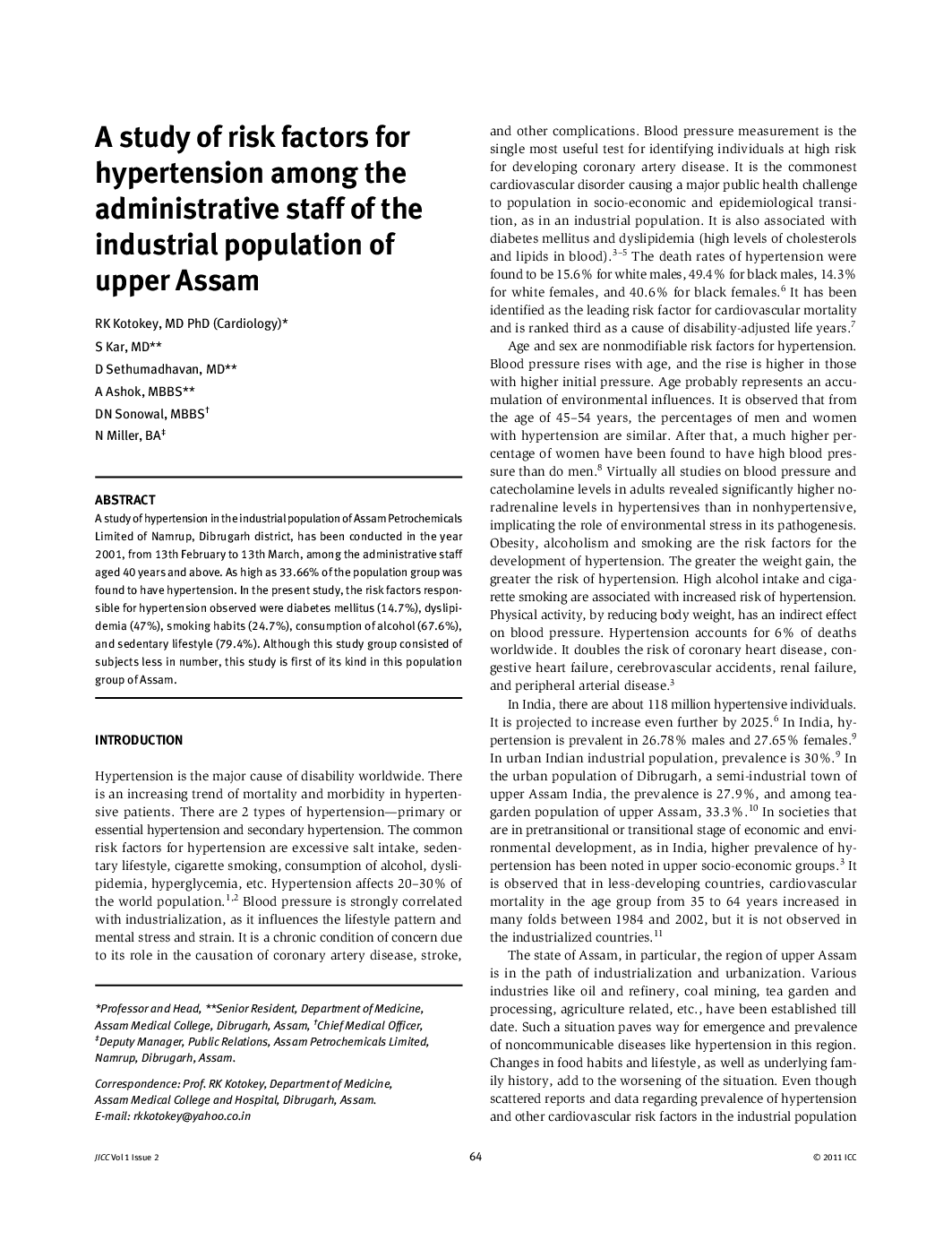 A study of risk factors for hypertension among the administrative staff of the industrial population of upper Assam