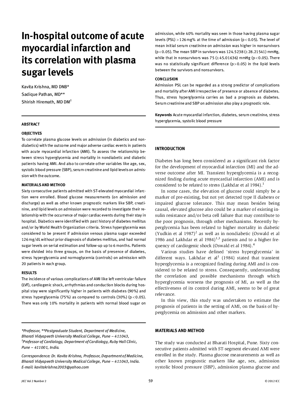 In-hospital outcome of acute myocardial infarction and its correlation with plasma sugar levels