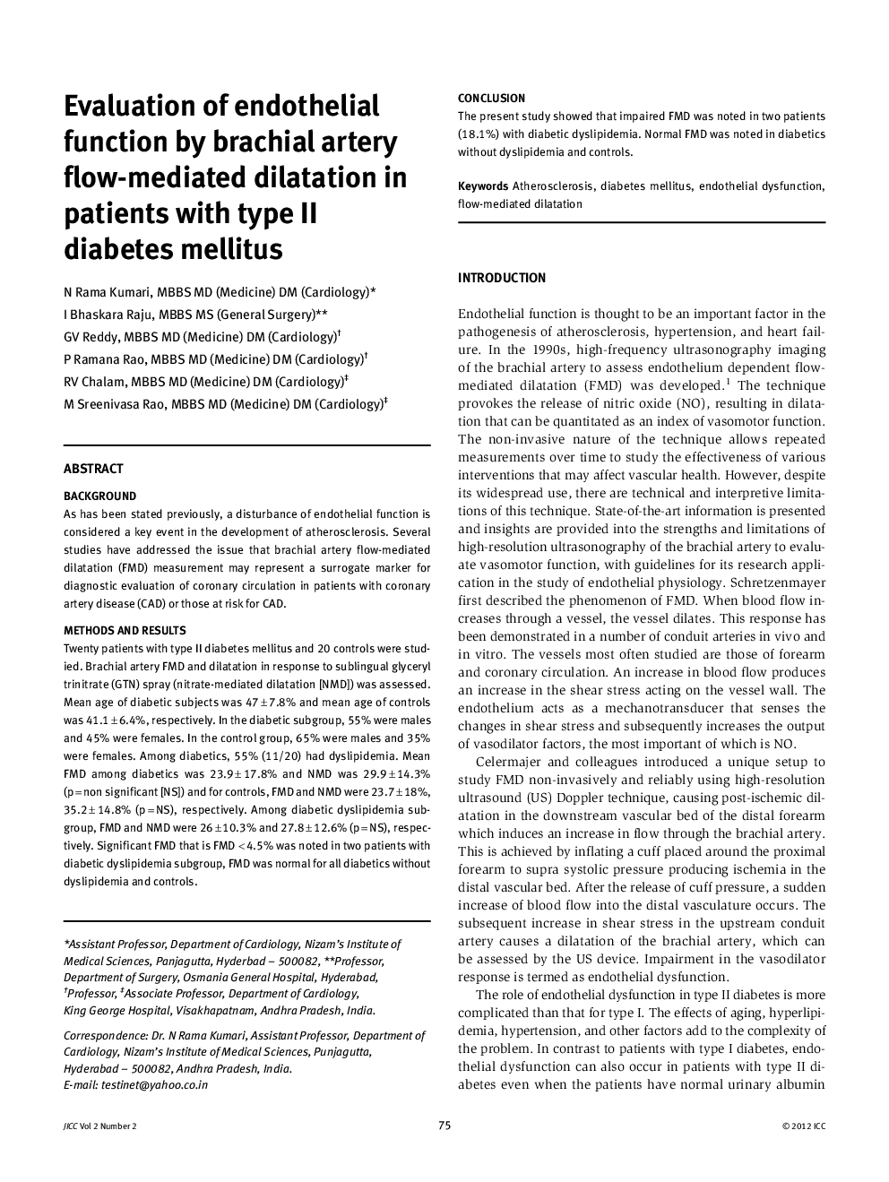 Evaluation of endothelial function by brachial artery flow-mediated dilatation in patients with type II diabetes mellitus