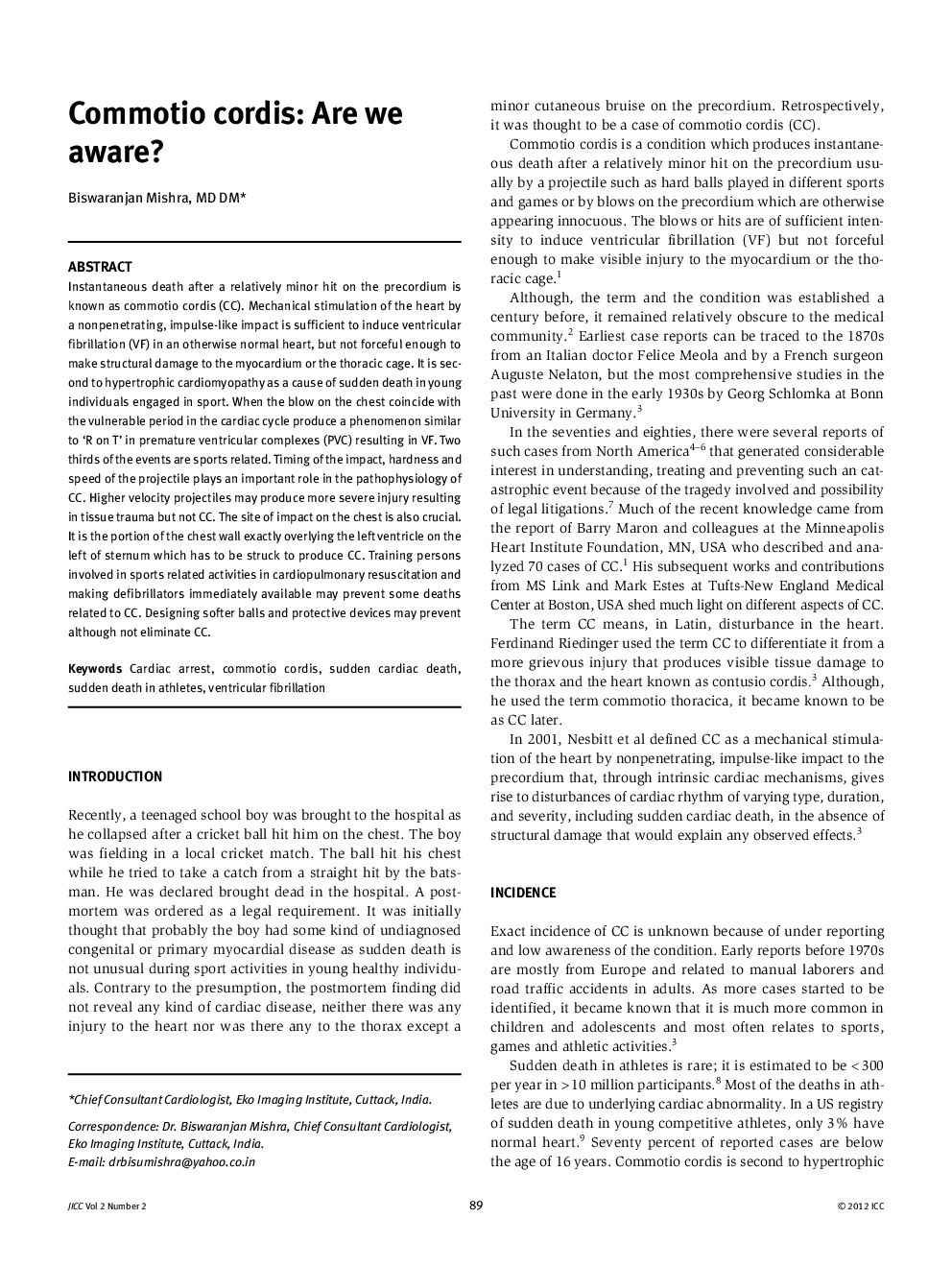 Commotio cordis: Are we aware?