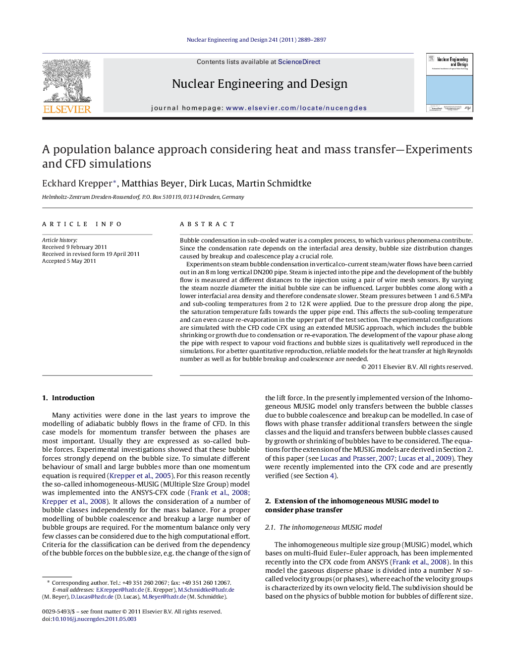 عکس صفحه اول مقاله: A population balance approach considering heat and mass transfer—Experiments and CFD simulations A population balance approach considering heat and mass transfer—Experiments and CFD simulations