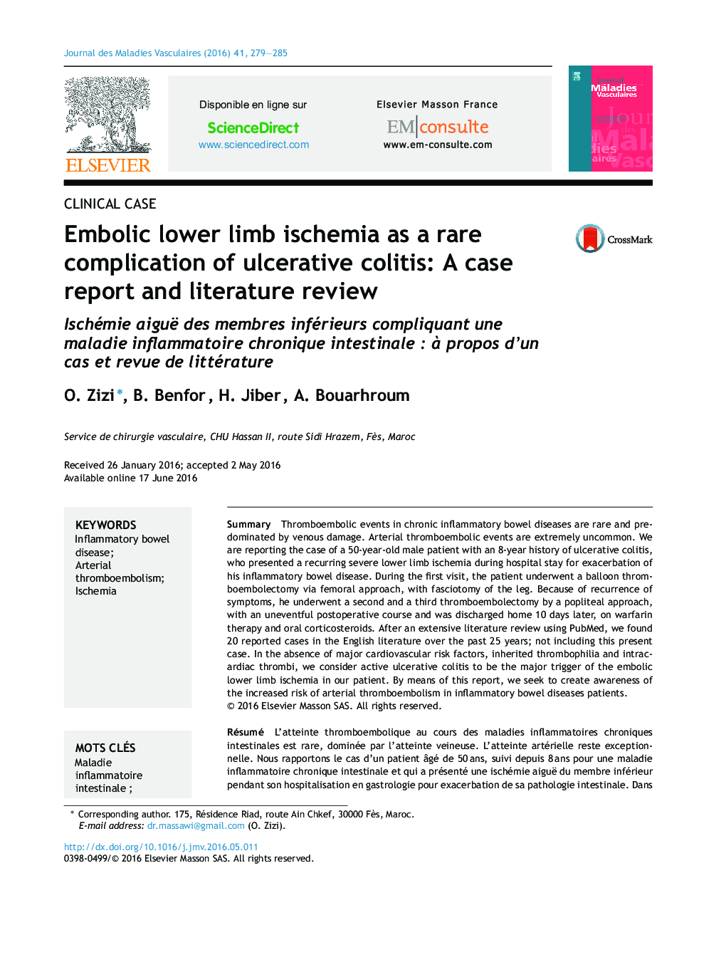 Embolic lower limb ischemia as a rare complication of ulcerative colitis: A case report and literature review