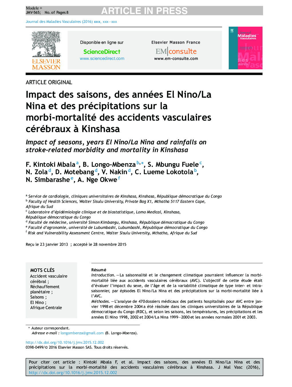 Impact des saisons, des années El Nino/La Nina et des précipitations sur la morbi-mortalité des accidents vasculaires cérébraux Ã  Kinshasa