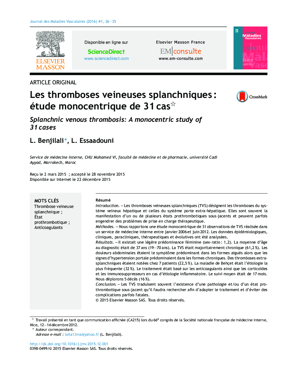 Les thromboses veineuses splanchniquesÂ : étude monocentrique de 31Â cas