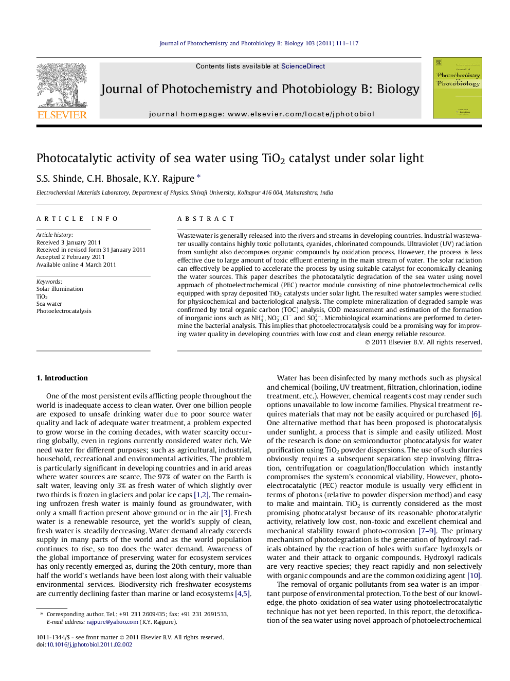 Photocatalytic activity of sea water using TiO2 catalyst under solar light