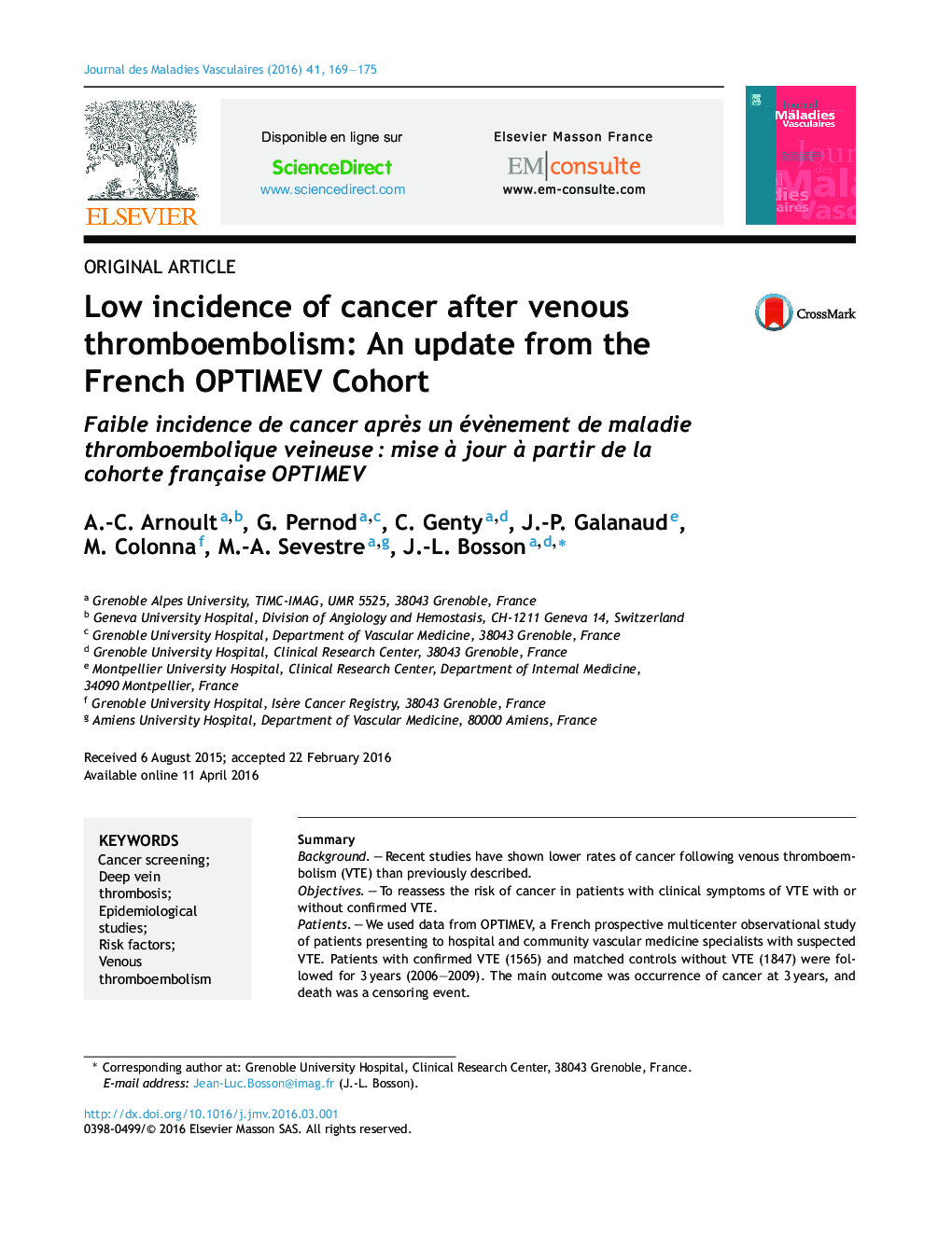 Low incidence of cancer after venous thromboembolism: An update from the French OPTIMEV Cohort