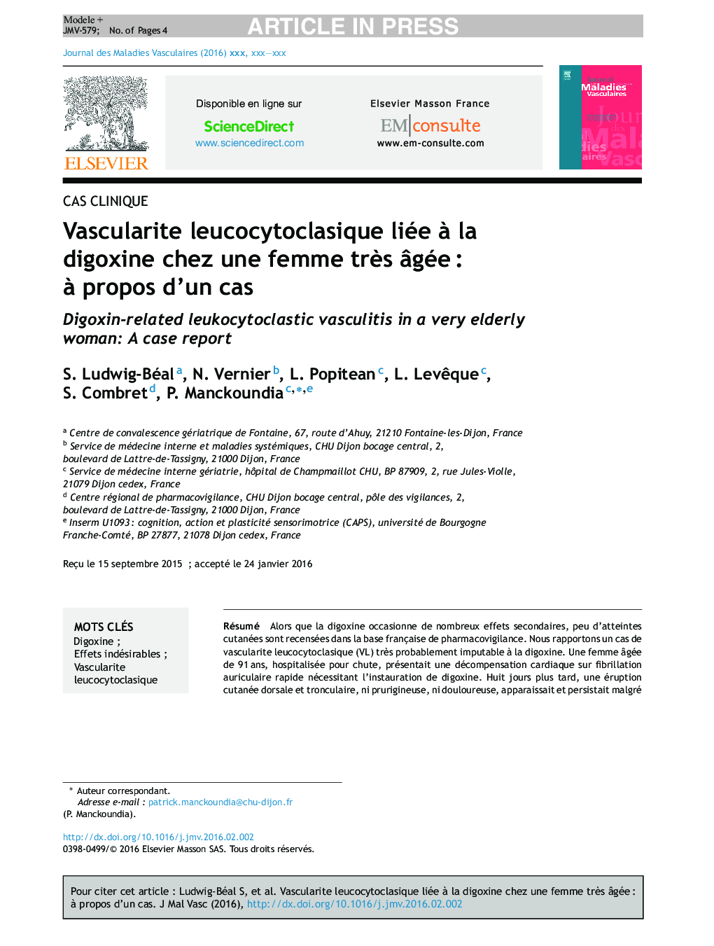 Vascularite leucocytoclasique liée Ã  la digoxine chez une femme trÃ¨s Ã¢géeÂ : Ã  propos d'un cas