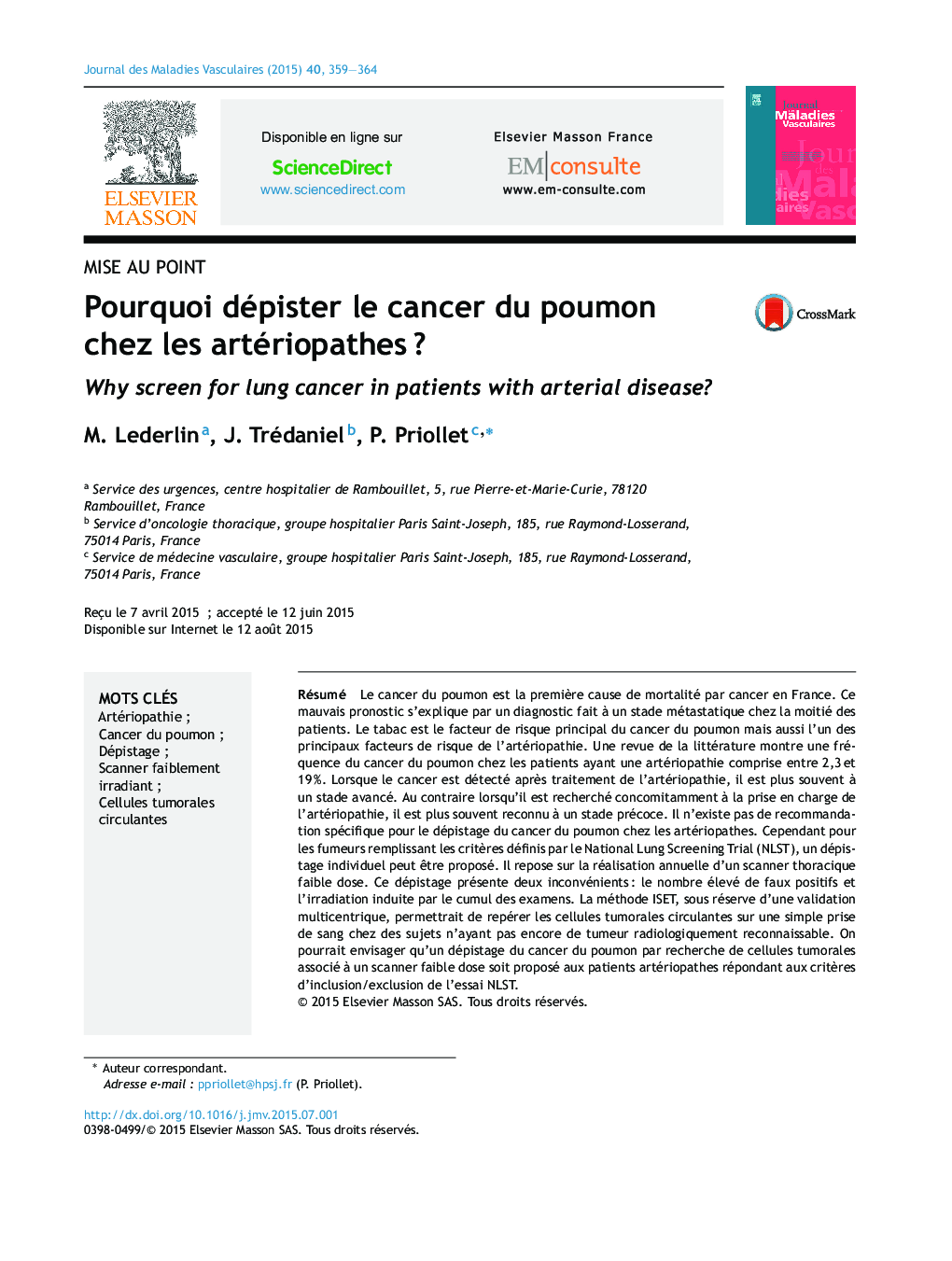 Pourquoi dépister le cancer du poumon chez les artériopathesÂ ?