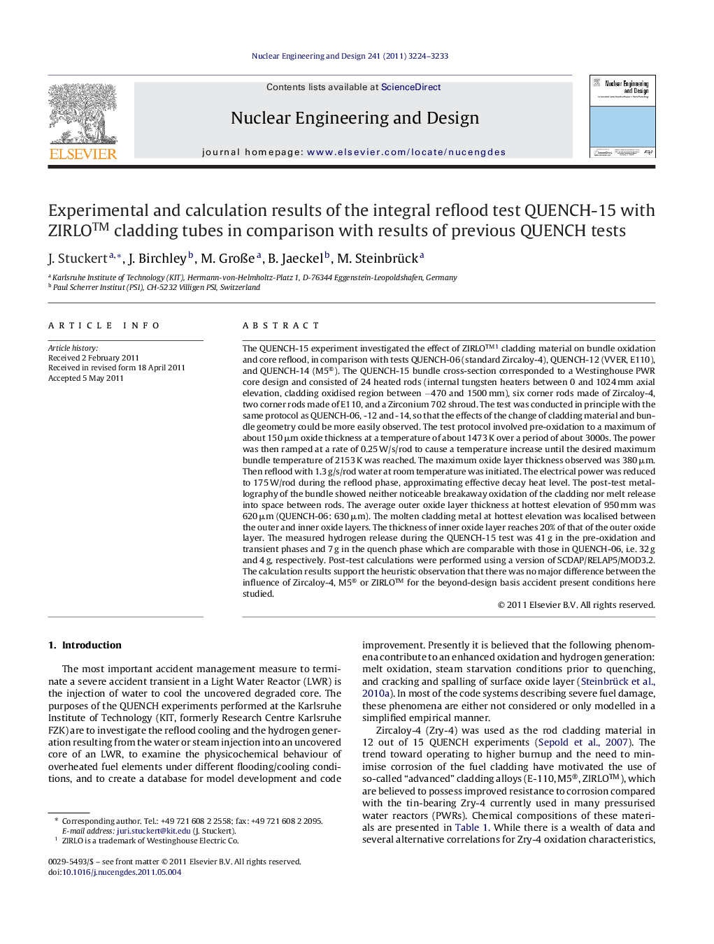 Experimental and calculation results of the integral reflood test QUENCH-15 with ZIRLO™ cladding tubes in comparison with results of previous QUENCH tests