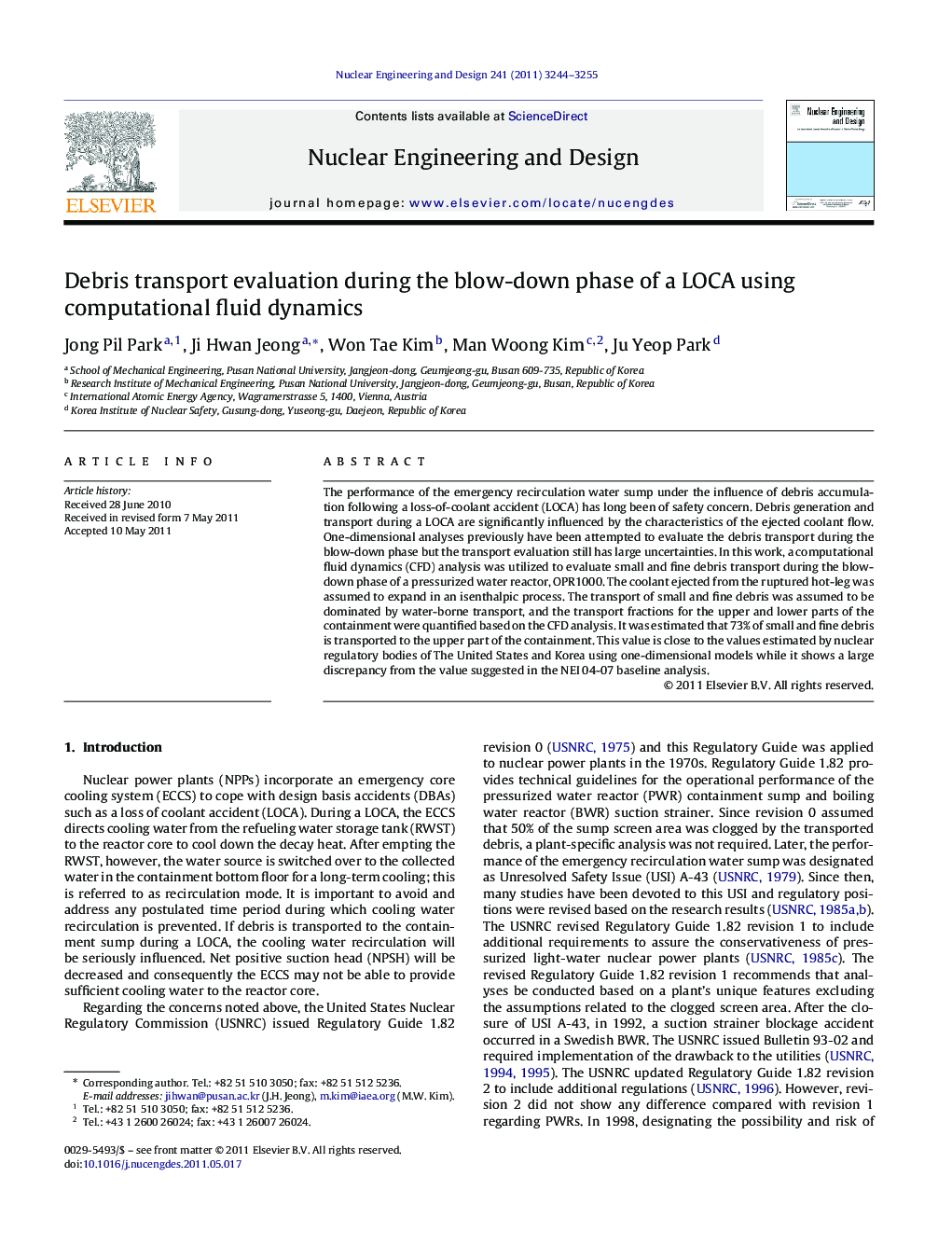 Debris transport evaluation during the blow-down phase of a LOCA using computational fluid dynamics