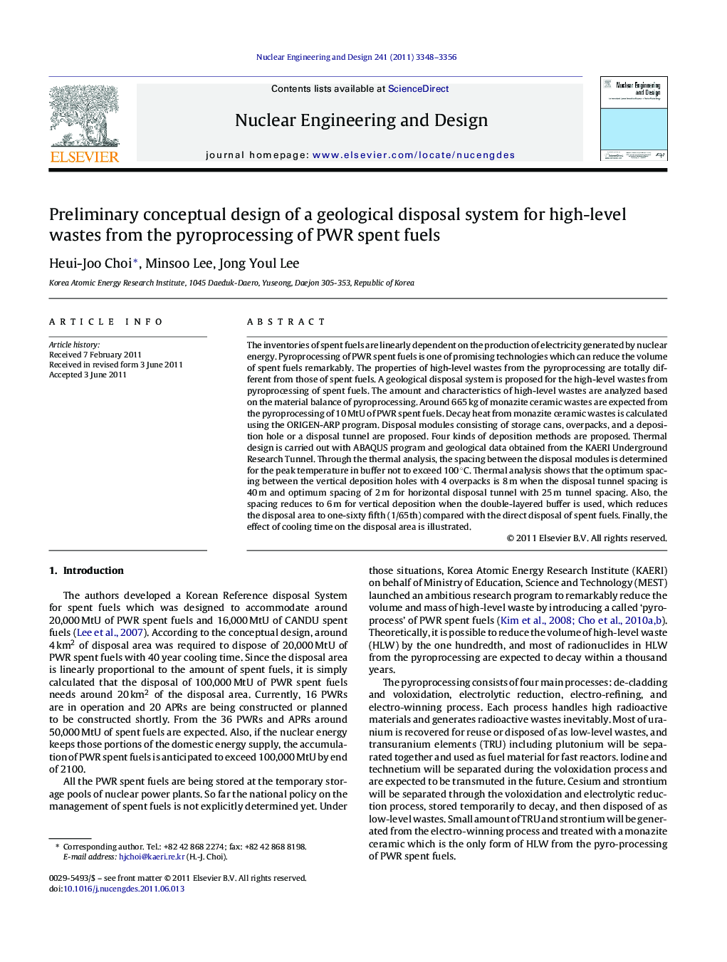 عکس صفحه اول مقاله: Preliminary conceptual design of a geological disposal system for high-level wastes from the pyroprocessing of PWR spent fuels Preliminary conceptual design of a geological disposal system for high-level wastes from the pyroprocessing of PWR spent fuels