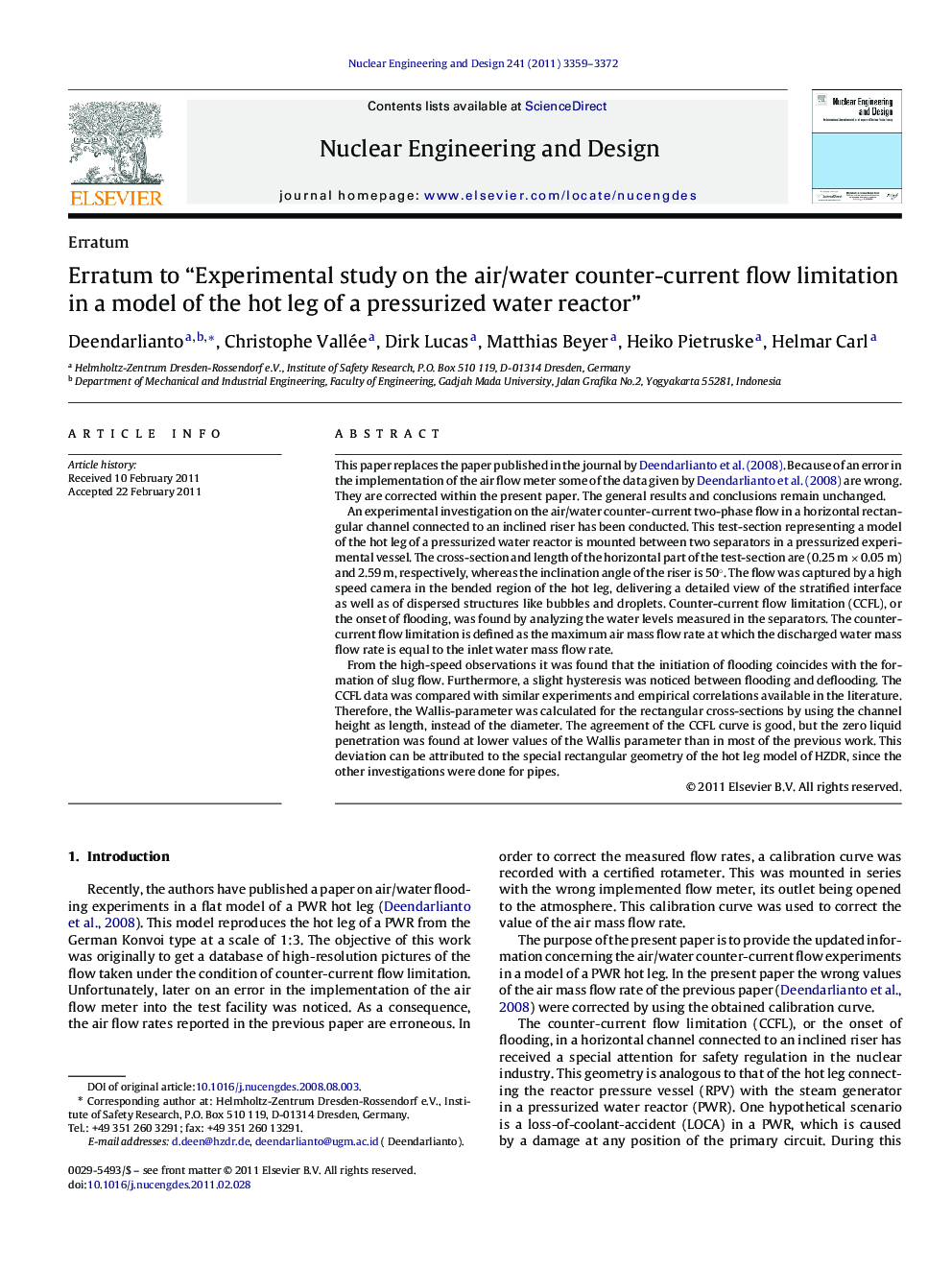Erratum to “Experimental study on the air/water counter-current flow limitation in a model of the hot leg of a pressurized water reactor”