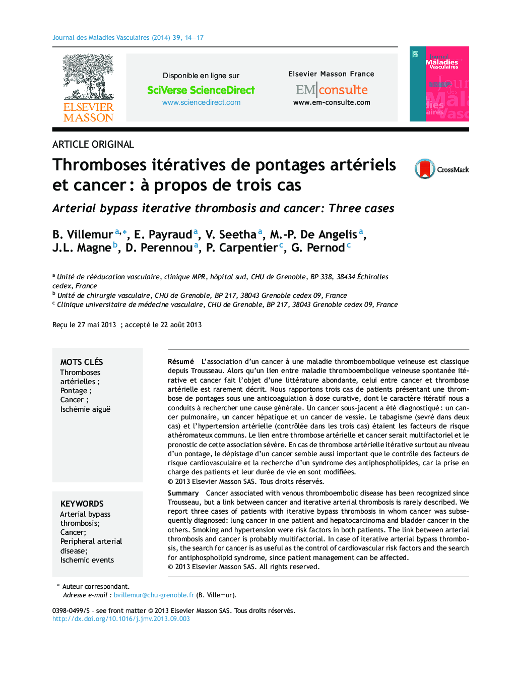 Thromboses itératives de pontages artériels et cancerÂ : Ã  propos de trois cas