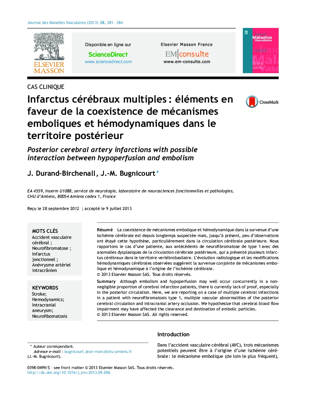 Infarctus cérébraux multiplesÂ : éléments en faveur de la coexistence de mécanismes emboliques et hémodynamiques dans le territoire postérieur