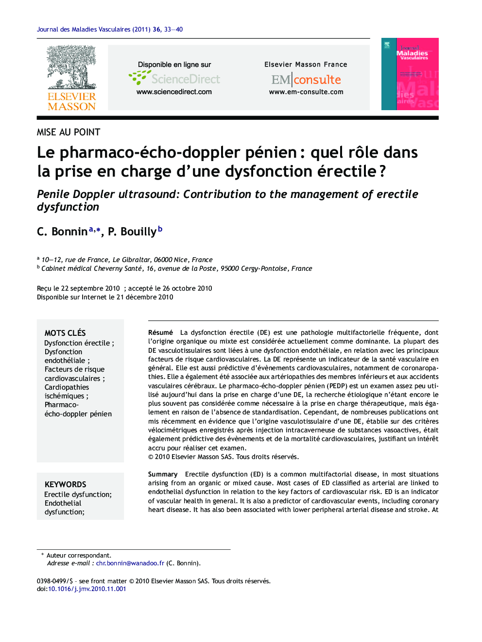 Le pharmaco-écho-doppler pénienÂ : quel rÃ´le dans la prise en charge d'une dysfonction érectileÂ ?