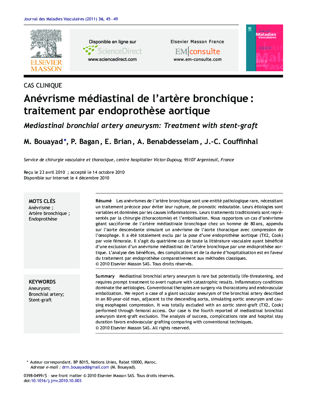 Anévrisme médiastinal de l'artÃ¨re bronchiqueÂ : traitement par endoprothÃ¨se aortique