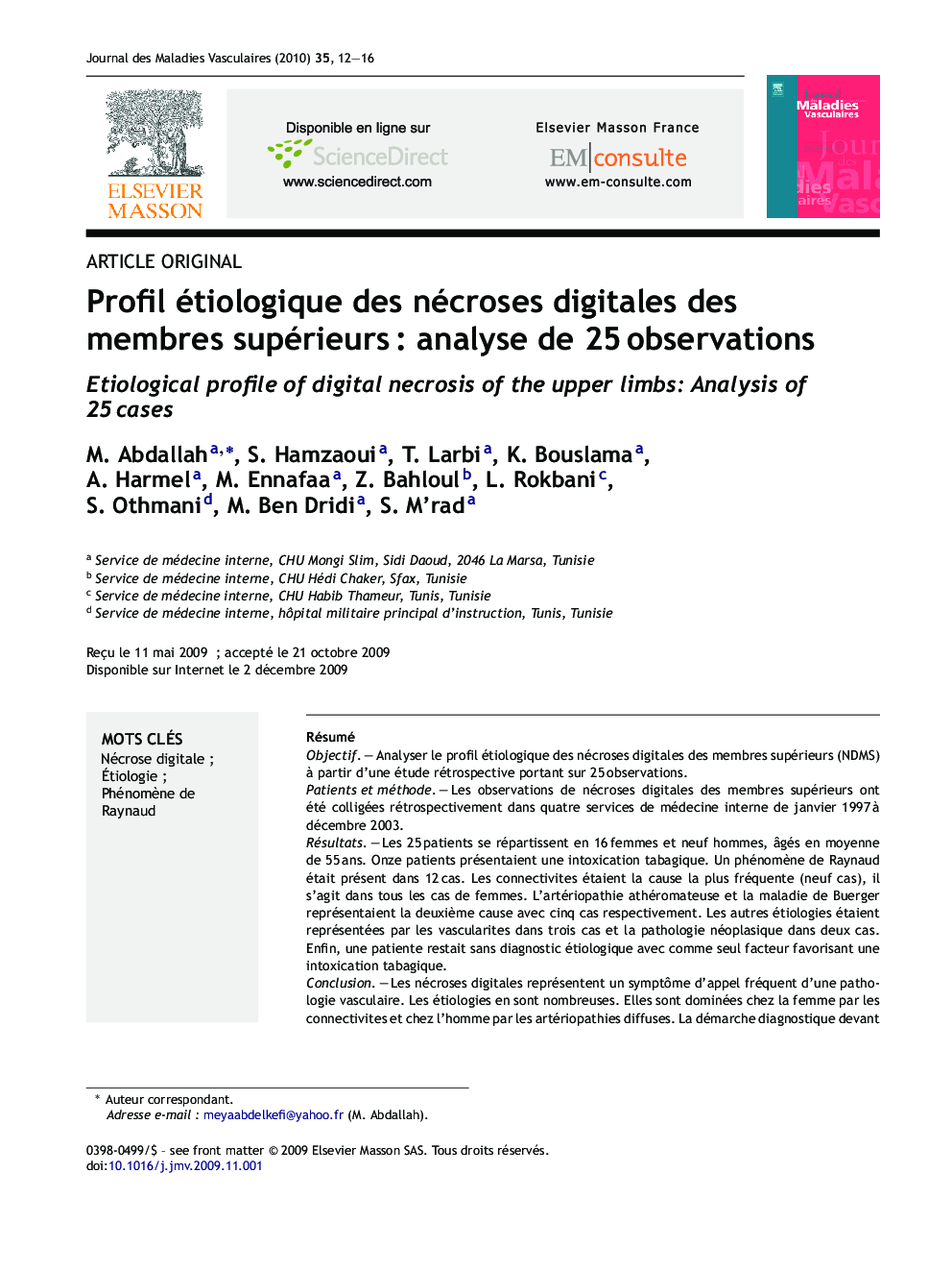 Profil étiologique des nécroses digitales des membres supérieursÂ : analyse de 25Â observations