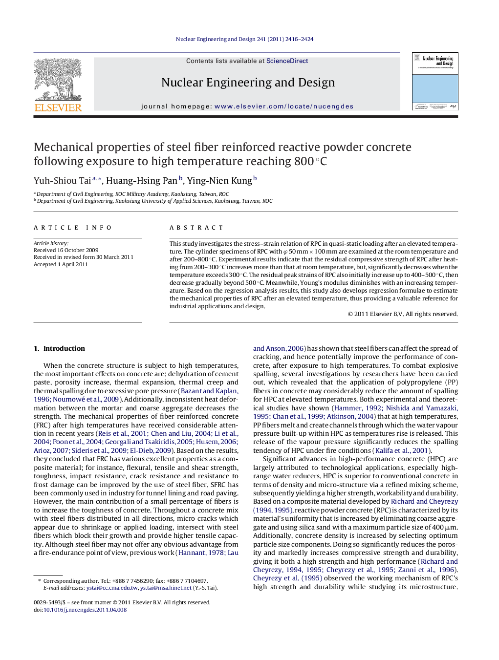 عکس صفحه اول مقاله: Mechanical properties of steel fiber reinforced reactive powder concrete following exposure to high temperature reaching 800 °C Mechanical properties of steel fiber reinforced reactive powder concrete following exposure to high temperature reaching 800 °C